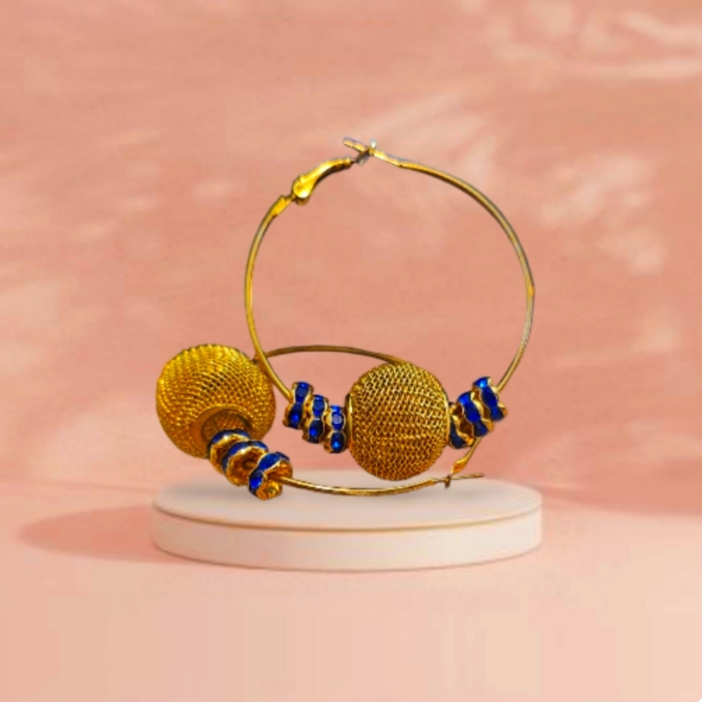 Gold Plated Handcrafted Ball Drop Hoops & Sapphire Imitation Crystal. - Picture 1 of 5